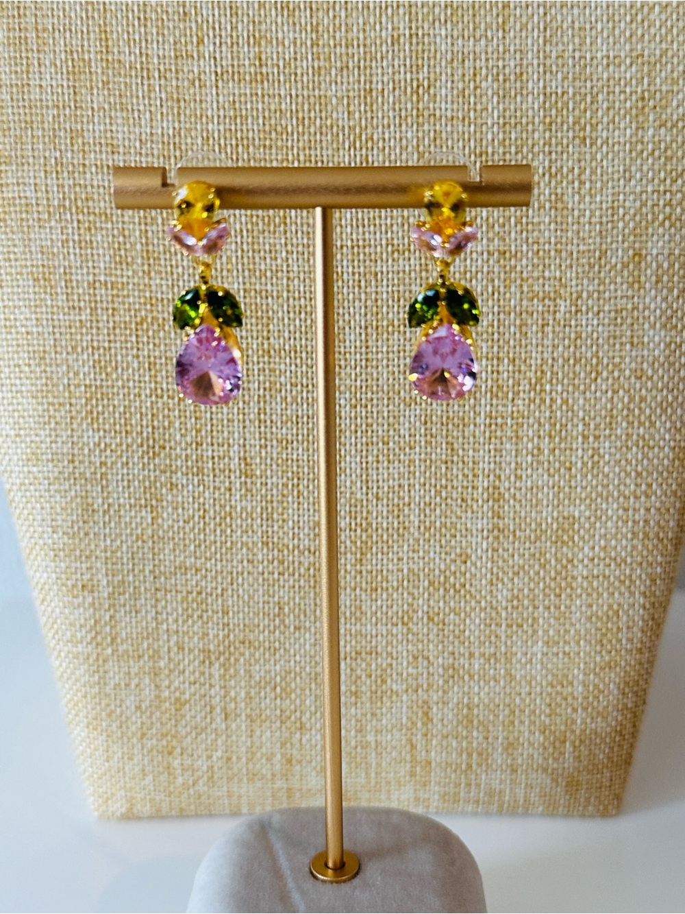 Gold-Tone Pink and Green Drop Earrings
